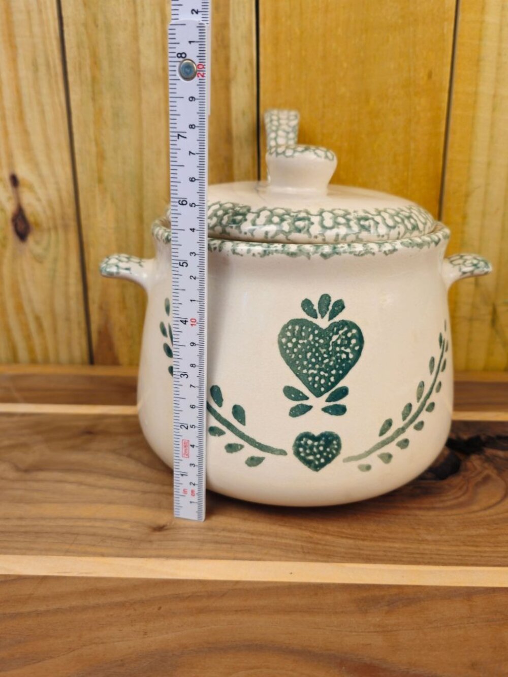 Vintage Corelle Stoneware Green Heart Covered Soup Tureen Been Pot with Ladle - Picture 3 of 11